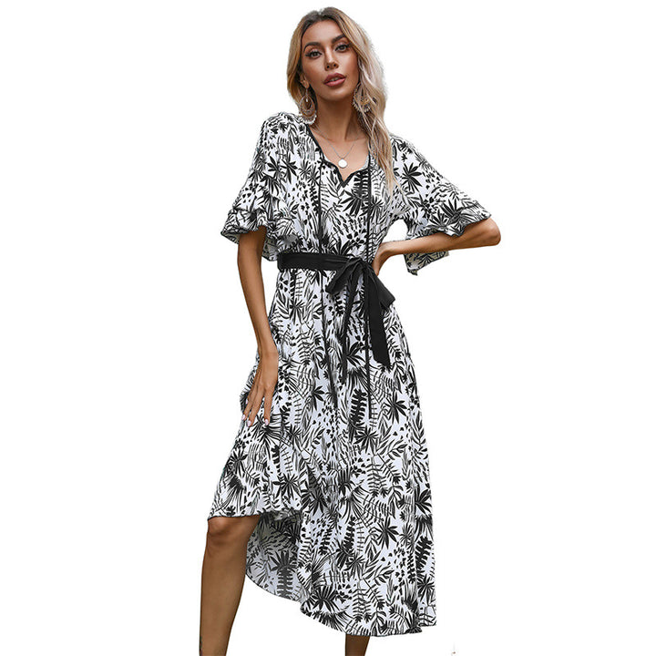 Damen Viskose-Midikleid im Monochrom-Blattform mit Bindegürtel & Flatterärmeln Echoarchiv