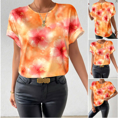 Damen nan lockeres Kurzblusen-Shirt in Seidenoptik mit Aquarellblütenprint und Umschlagärmeln Echo Archiv