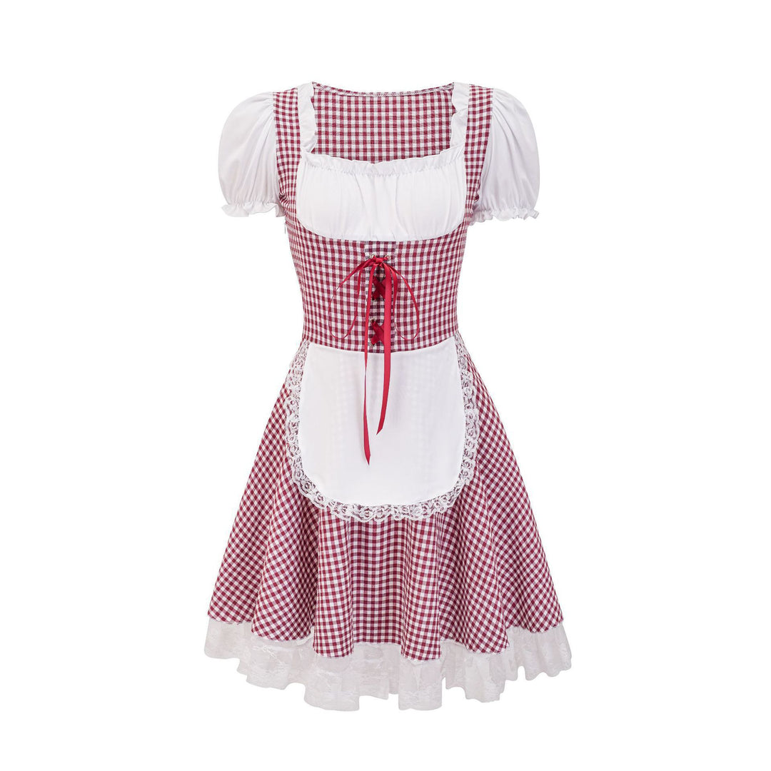 Damen nan kurztailliertes Trachtenkleid mit Karo-Corsage, geraffter Brust und Spitzen-Schürze Echo Archiv