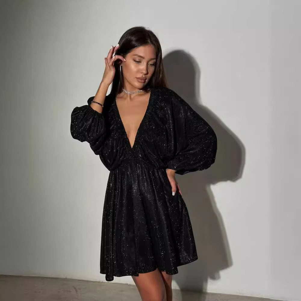 Damen Glitzerndes Abendkleid mit tiefem V Ausschnitt, Ballonärmeln und taillenbetonter Glockenrock Echoarchiv