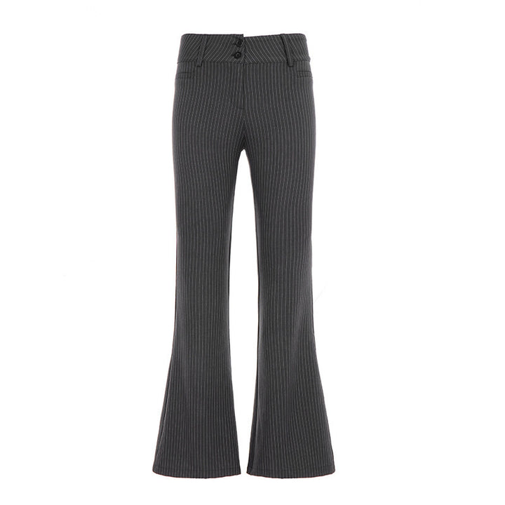 Damen Hochtaillierte Stretch‑Schlaghose mit Nadelstreifen und Doppelknopf – Avélisse
