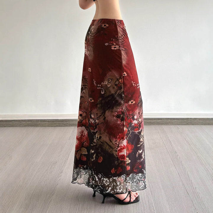 Damen Langes Satin-Chiffon Maxirock mit floralem Aquarellprint Echo Archiv