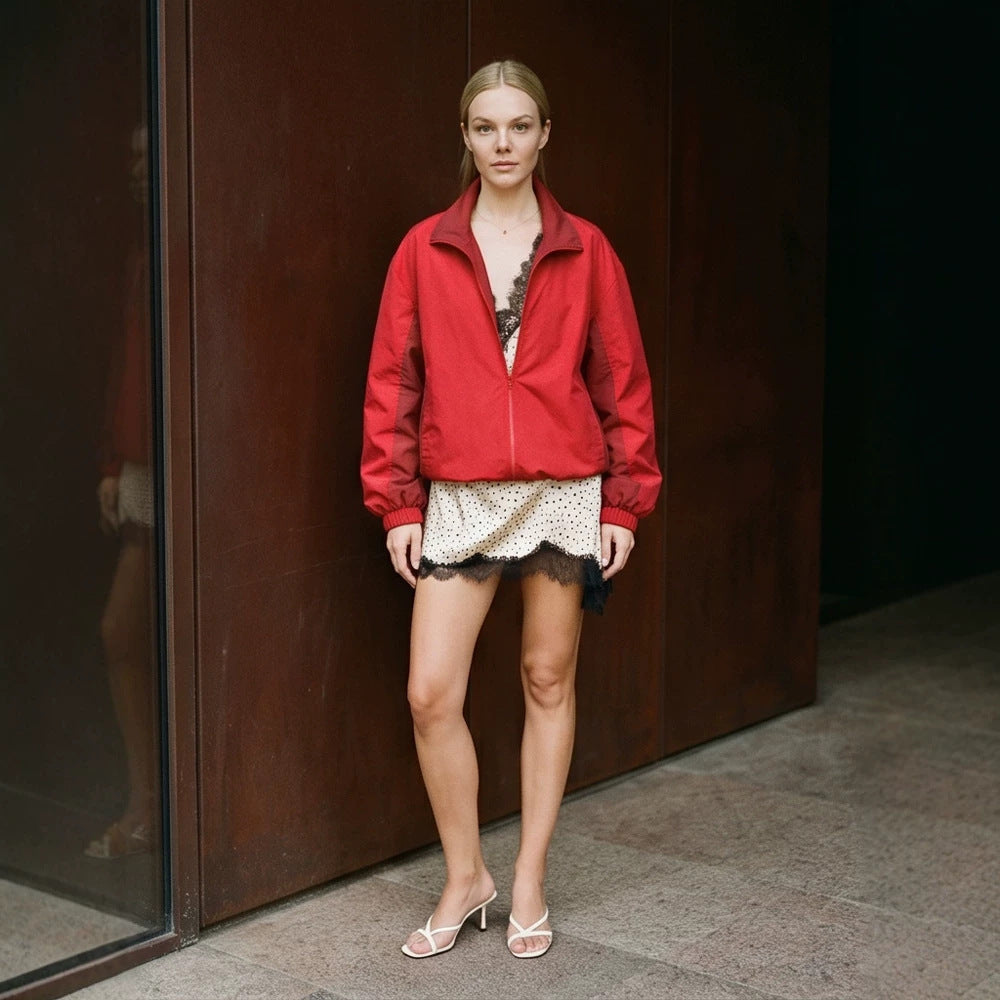 Damen Leichter Boxy-Windbreaker mit Stehkragen und elastischem Saum Echoarchiv