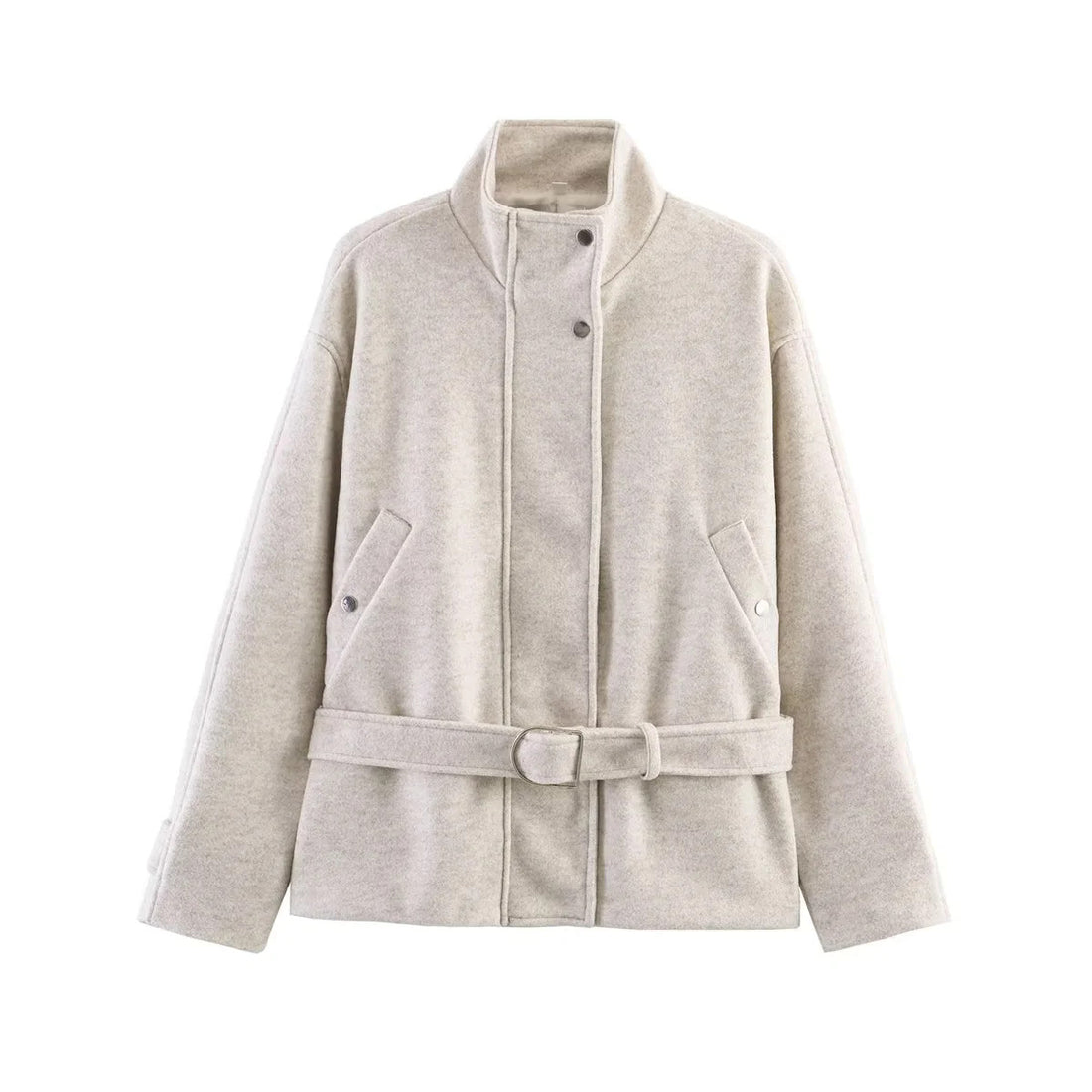 Damen taillierte Kurzjacke im Wollmix mit Stehkragen, Druckknopfleiste und Bindegürtel – Célinea