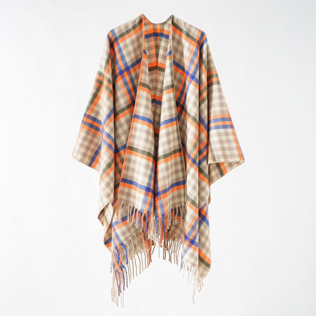Damen Karierter Wollmix Poncho mit Fransen und offenem Oversize Fall Echo Archiv
