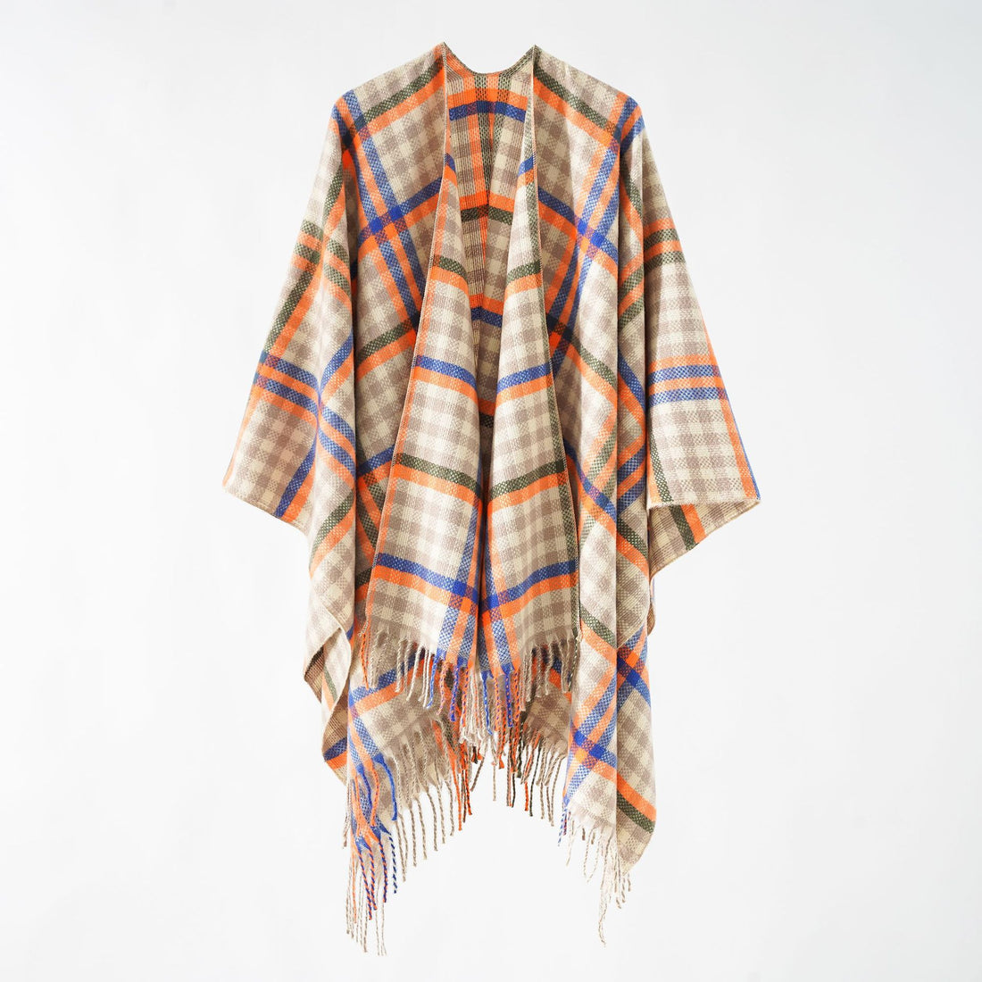 Damen Karierter Wollmix Poncho mit Fransen und offenem Oversize Fall – Célinea