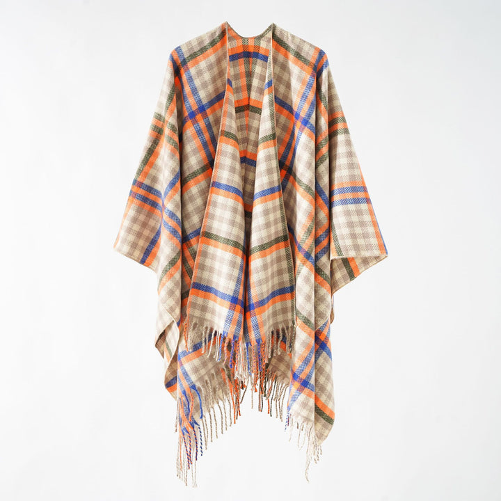 Damen Karierter Wollmix Poncho mit Fransen und offenem Oversize Fall Echo Archiv