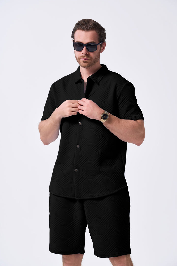 Herren Freizeit Kurzarmhemd und Shorts Set mit strukturiertem Muster Echoarchiv
