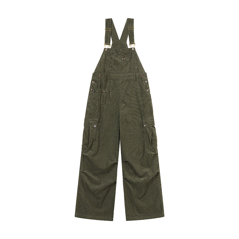 Damen Lässige Cord-Latzhose mit weitem Bein, Cargo-Taschen und verstellbaren Trägern Echoarchiv