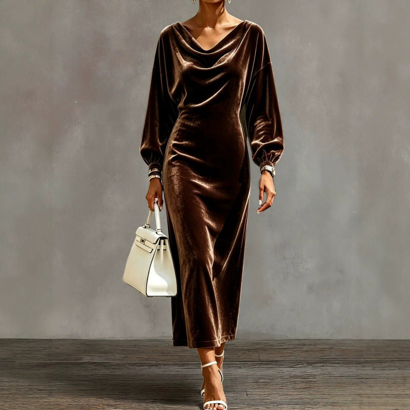 Damen Midikleid aus Samt mit drapiertem Wasserfallkragen und Ballonärmeln Echoarchiv