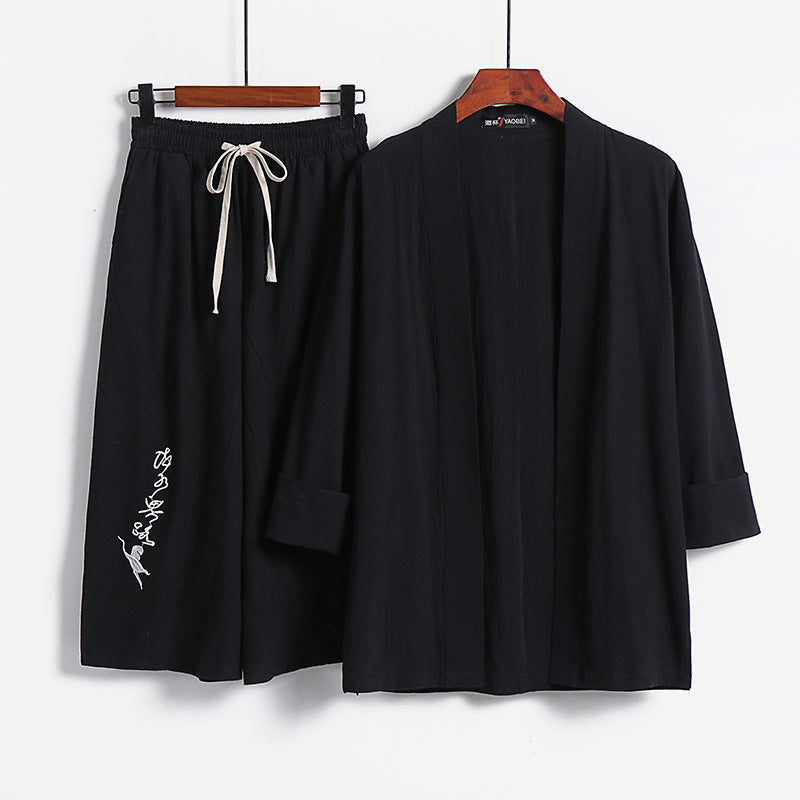 Damen Kimono-Set aus leichter Baumwollmischung offene Jacke mit lässig gekrempelten Ärmeln und weiter Haremshose mit Kordelzug Echoarchiv