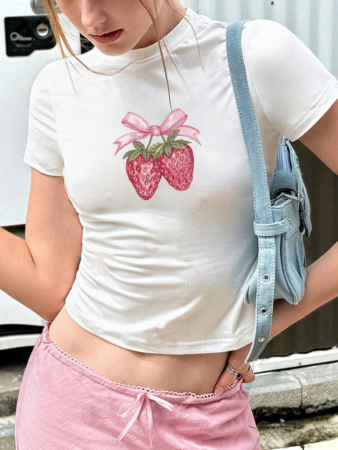 Damen Crop-T-Shirt mit verspieltem Erdbeer-Motiv und elegantem Halsabschluss Echo Archiv