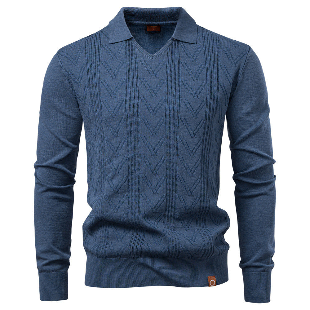 Herren nan feiner Strick-Polopullover mit V-Ausschnitt, Zickzackstruktur und Kentkragen Echo Archiv