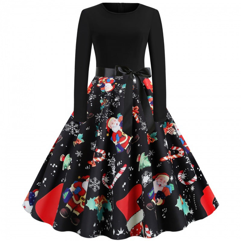 Damen Weihnachtliches Vintage-Swingkleid mit Santa- und Zuckerstangen-Print, tailliertem Oberteil und Satinschleife – Élara
