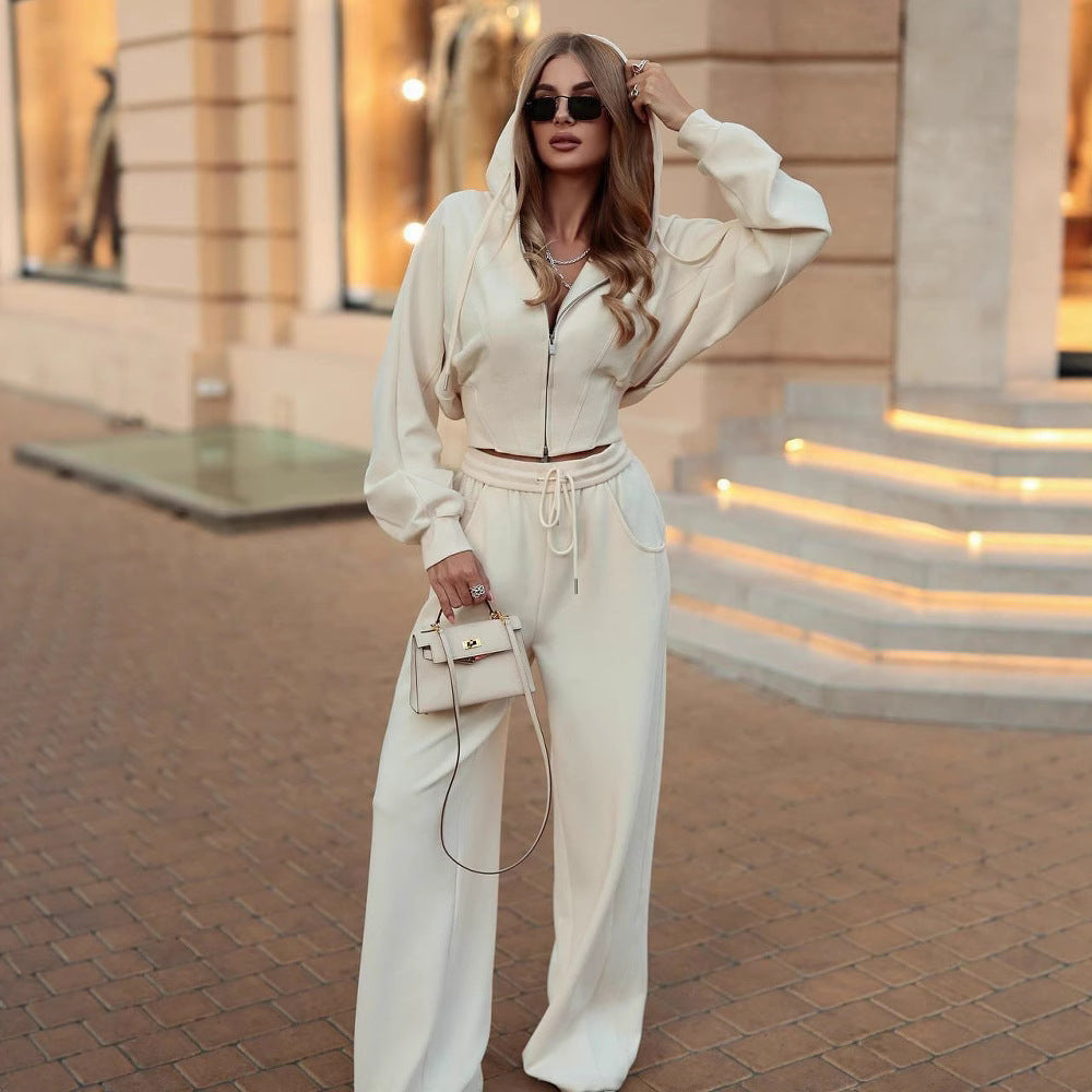 Damen nan kurzes Zip-Hoodie-Set mit Ballonärmeln und Highwaist Weitbein-Loungehose Echo Archiv