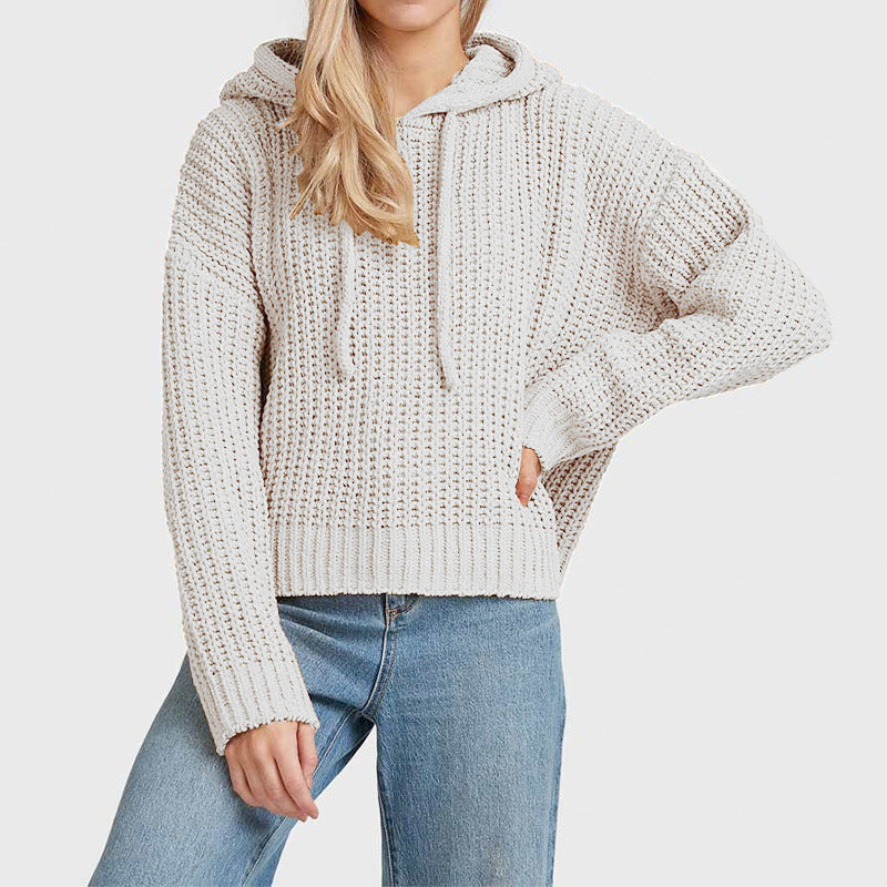 Damen Grobstrick-Kapuzenpullover mit Waffelstruktur, überschnittener Schulter und kurzem Saum Echo Archiv