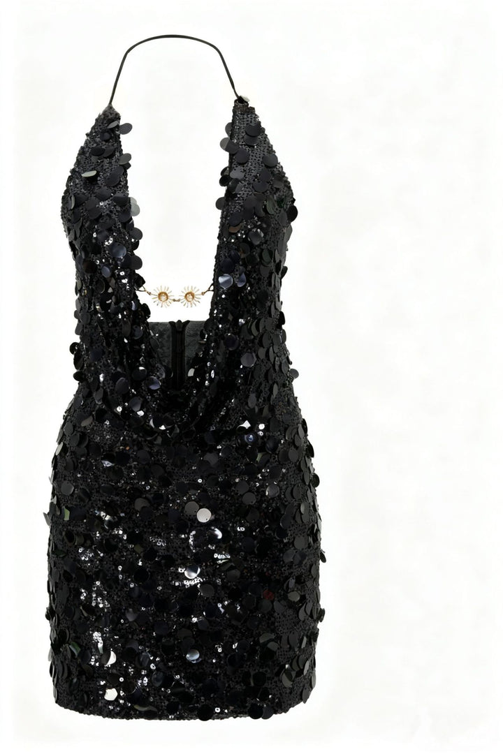 Damen Glitzerndes Minikleid mit tiefem V-Ausschnitt und Troddel-Applikationen Echo Archiv