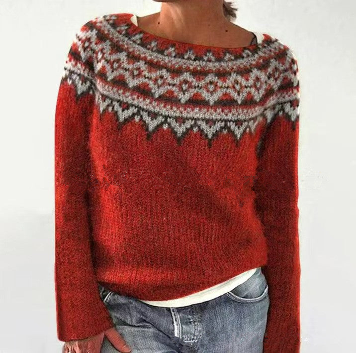 Damen nan melierter Rundhalsausschnittpullover mit kreisförmigem Jacquard-Yoke und geripptem Saum Echo Archiv