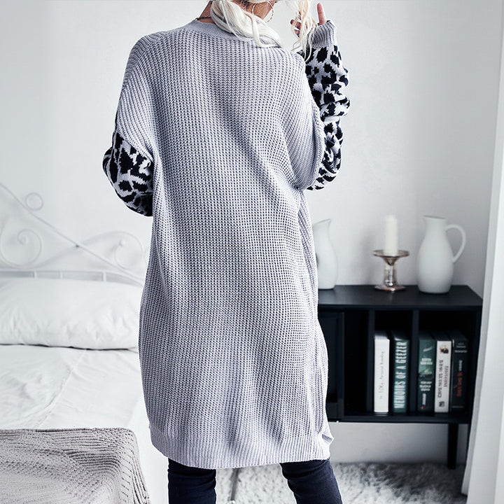 Damen Langer Offener Strickcardigan mit Leopardenmusterärmeln und geripptem Saum Echoarchiv