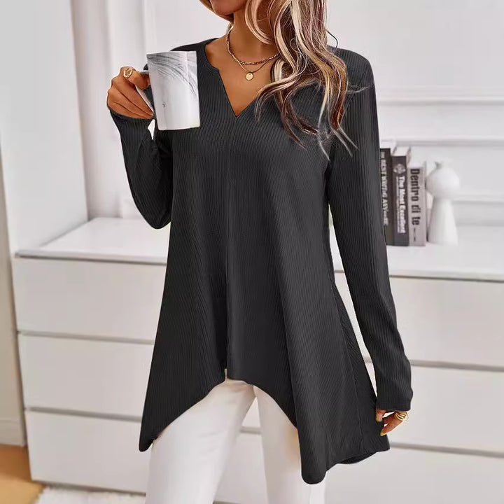 Damen Ripp Longsleeve Tunika mit V-Ausschnitt und asymmetrischem Haifischsaum Echoarchiv