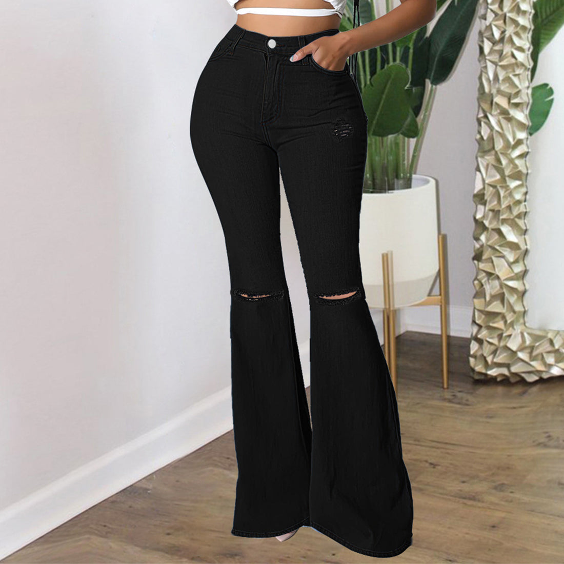 Damen Schmal geschnittene Schlagjeans mit knieoffenen Cutouts und formendem Komfortbund Echo Archiv