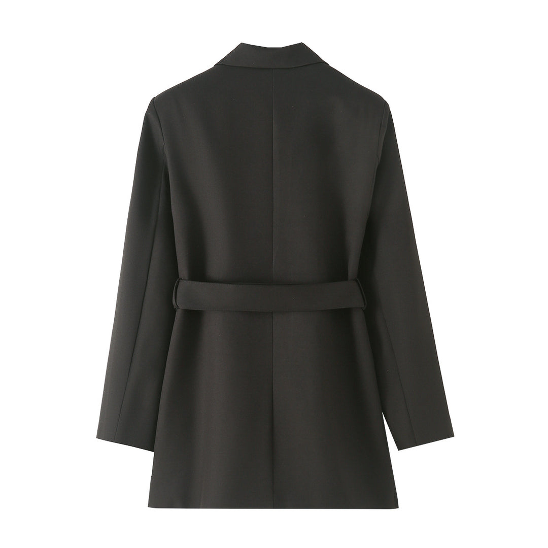 Damen taillierter Gürtel-Blazer mit asymmetrischem Schalkragen und Pattentaschen – Valéne