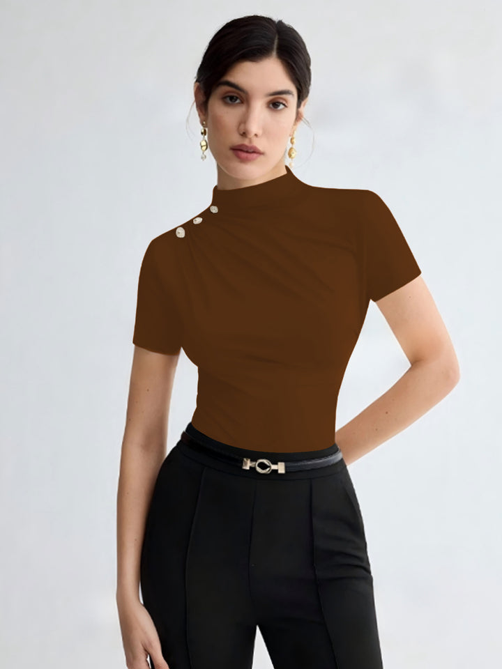 Damen elegantes Oberteil mit dekorativen Knopfdetails und modernem Stehkragen Echo Archiv