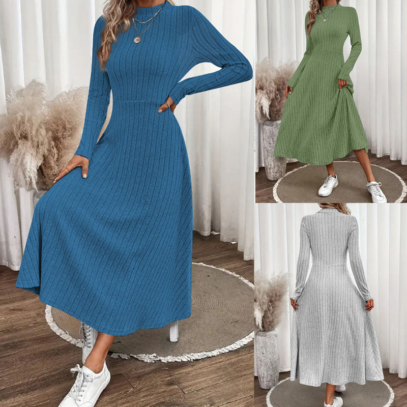 Damen Geripptes Strickmidikleid mit hohem Stehkragen und taillierter A-Linie – Élara