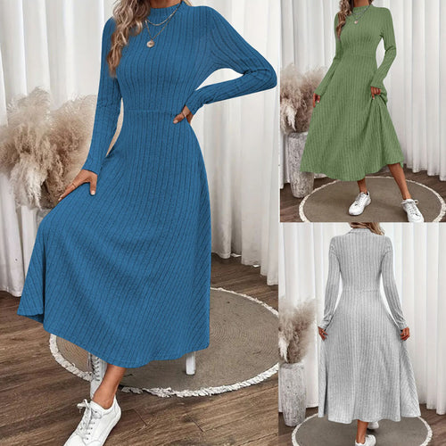 Damen Geripptes Strickmidikleid mit hohem Stehkragen und taillierter A-Linie – Élara