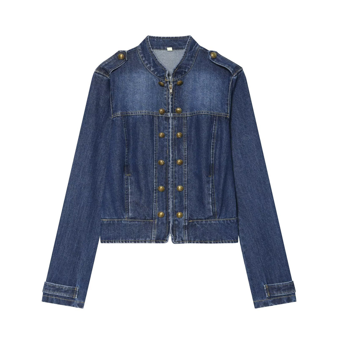 Damen Jeansjacke im Militärstil mit Stehkragen und Zierknopfleiste Echoarchiv