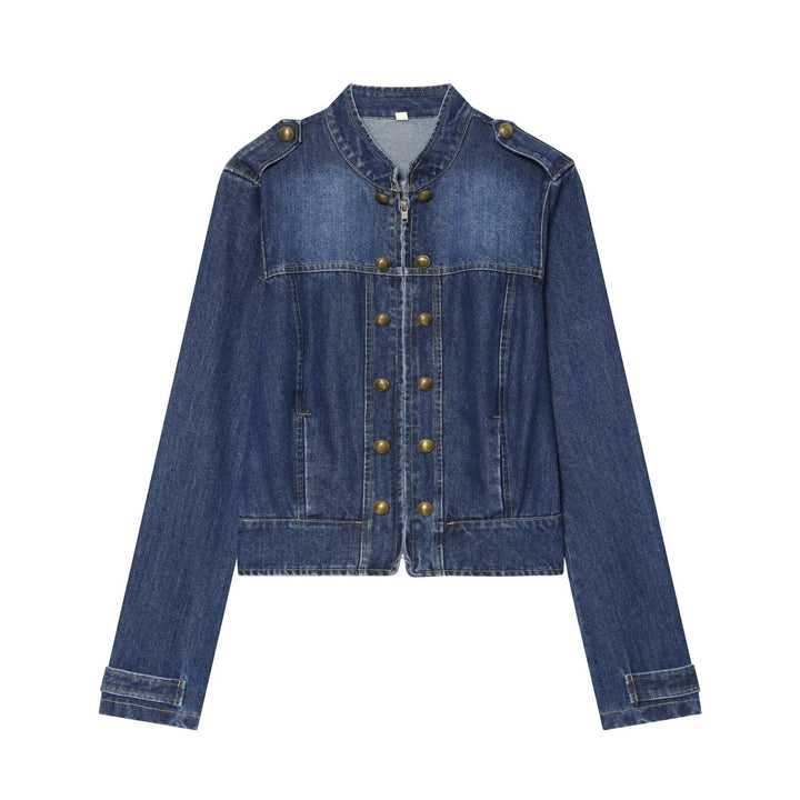 Damen Jeansjacke im Militärstil mit Stehkragen und Zierknopfleiste Echoarchiv