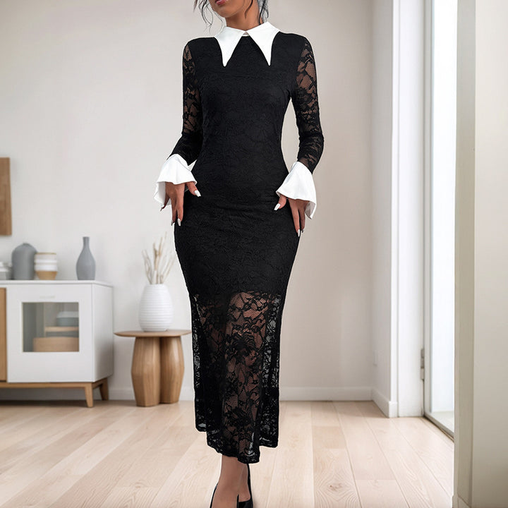 Damen Elegantes Spitzenkleid mit Kontrastkragen Echo Archiv