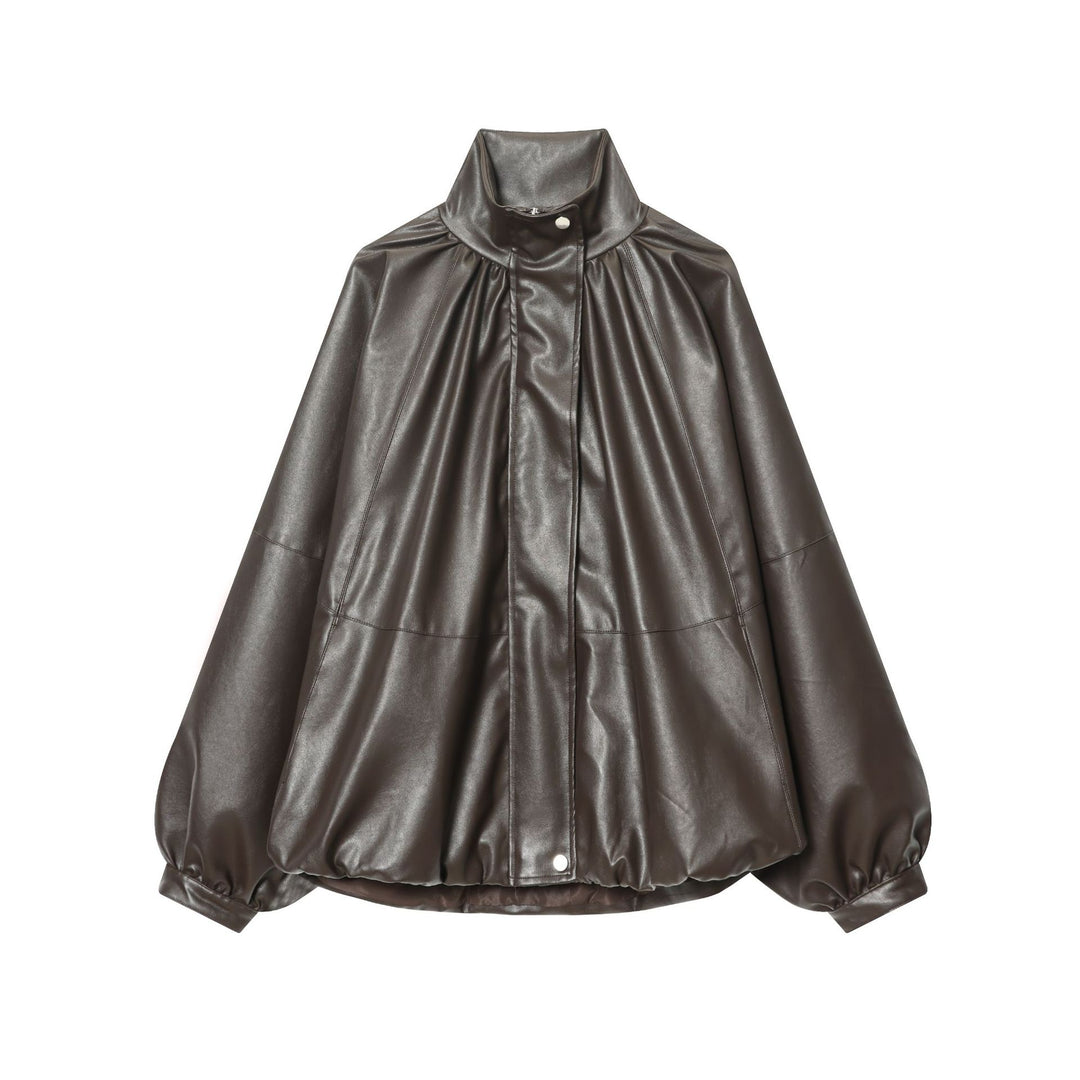 Damen kastiger Kunstleder-Blouson mit hohem Stehkragen, geraffter Schulterpartie und ballonärmeln – Célinea