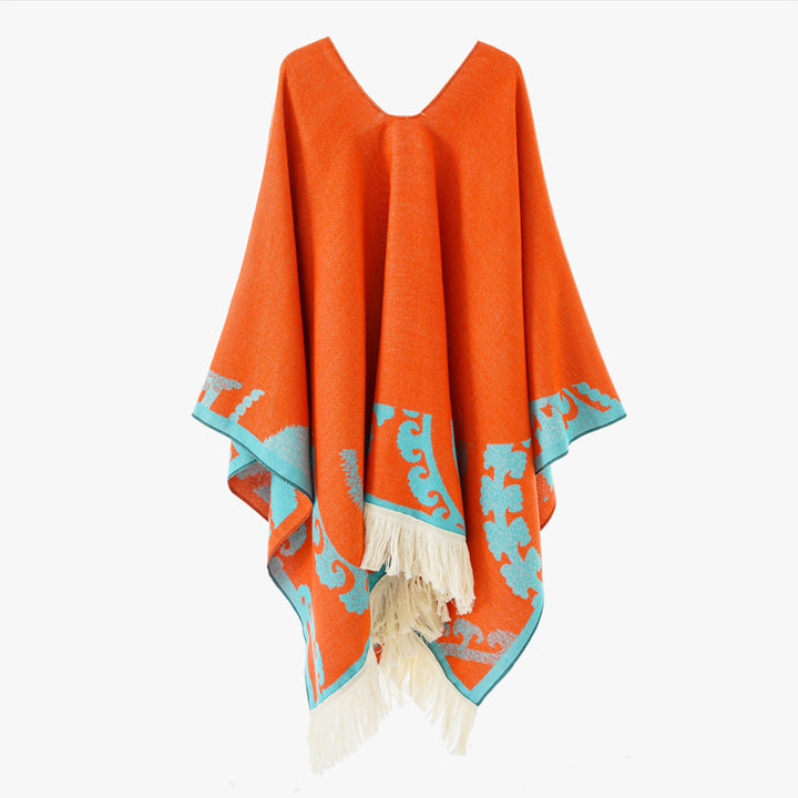 Damen Wollmix-Medallionponcho mit V-Ausschnitt und Fransensaum Echo Archiv