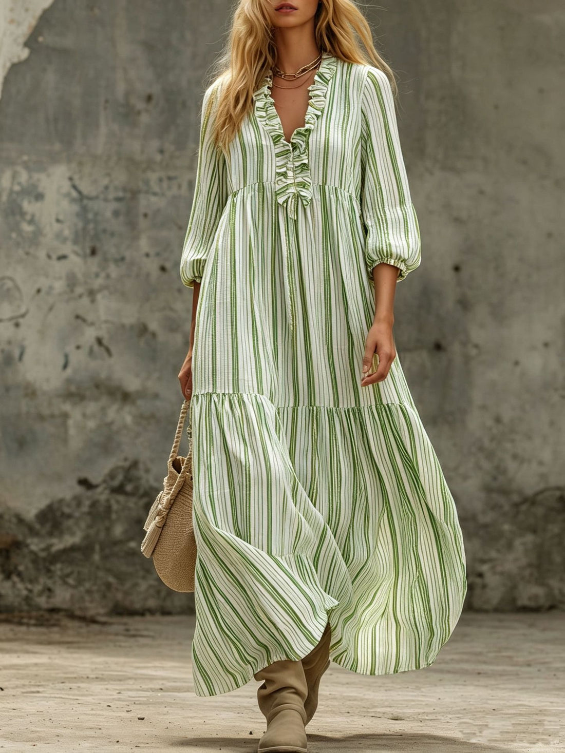 Damen Maxikleid mit Rüschen-V-Ausschnitt und Ballonärmeln Echoarchiv
