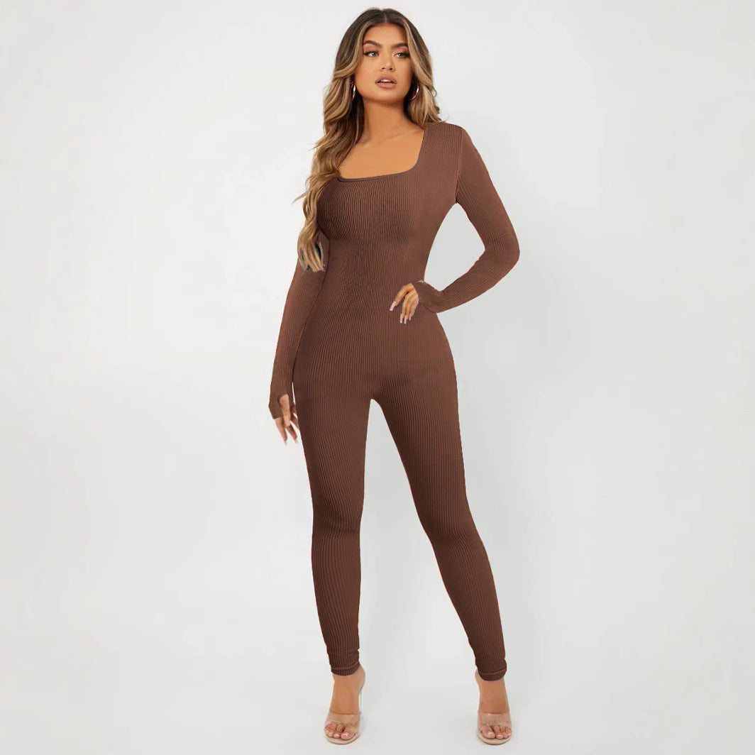 Damen Rippstrick Skinny Jumpsuit mit Quadratischem Ausschnitt, Langen Ärmeln und Daumenloch – Solévia
