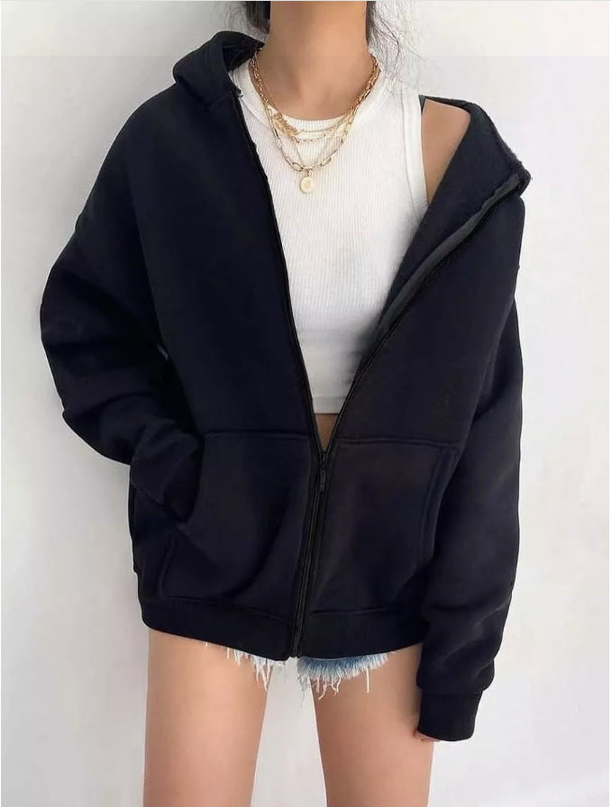 Damen nan minimalistisches French-Terry Zip-Hoodie mit durchgehendem Reißverschluss, Kängurutasche und Daumenloch-Ärmeln Echo Archiv