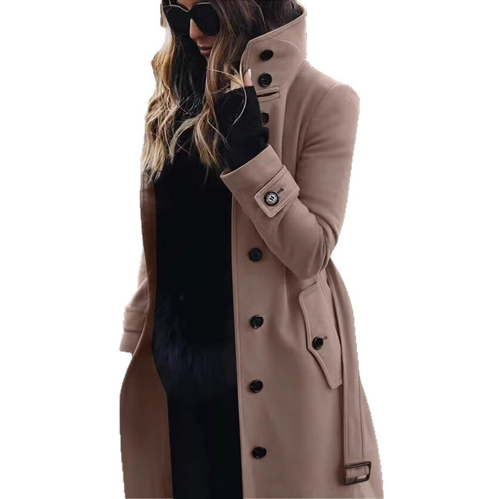 Damen Langschnittiger Trenchcoat mit überhöhtem Stehkragen, Knopfblende und Taillengürteloptik Echoarchiv