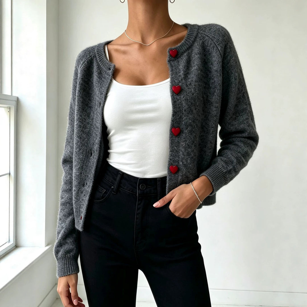 Damen Strickcardigan mit herzförmigen Zierknöpfen und weicher Mohair-Optik – Veloura