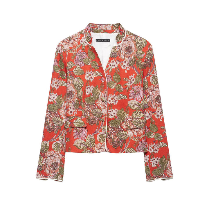 Damen floral gewebte Jacquard‑Bouclé Kurzjacke mit Stehkragen Echo Archiv