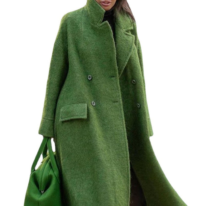 Damen nan Cape-ähnlicher doppelreihiger Wollmantel mit weitem Fall, hohem Stehkragen und Pattentaschen Echo Archiv