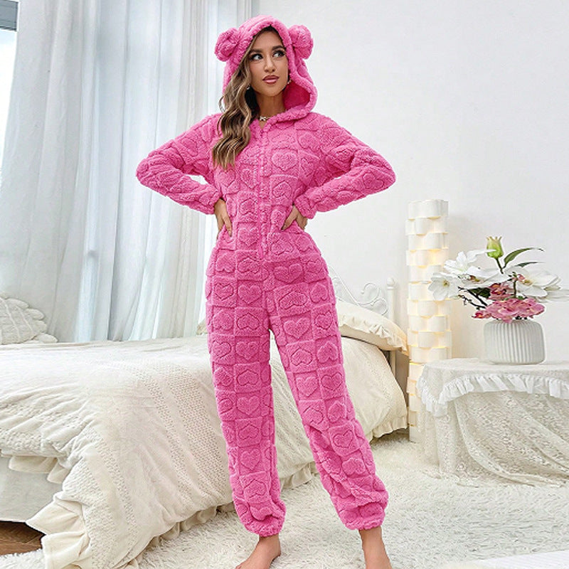 Damen Gemütlicher Fleece-Overall mit Kapuze Echoarchiv
