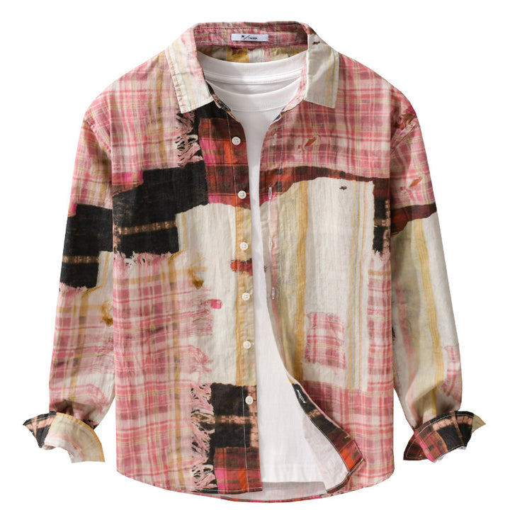 Herren Relaxed Patchwork-Karo Hemdjacke mit ausgefransten Kanten und Crinkle-Finish Echoarchiv