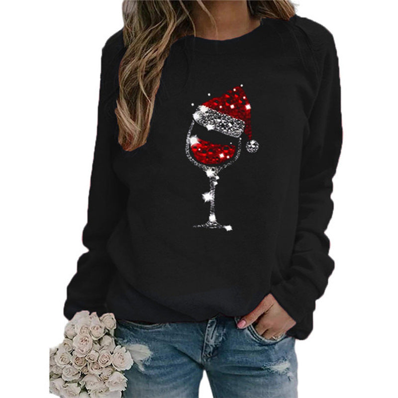 Damen Weihnachts Sweatshirt mit Pailletten Weinglas und Rundhalsausschnitt – Mavelle