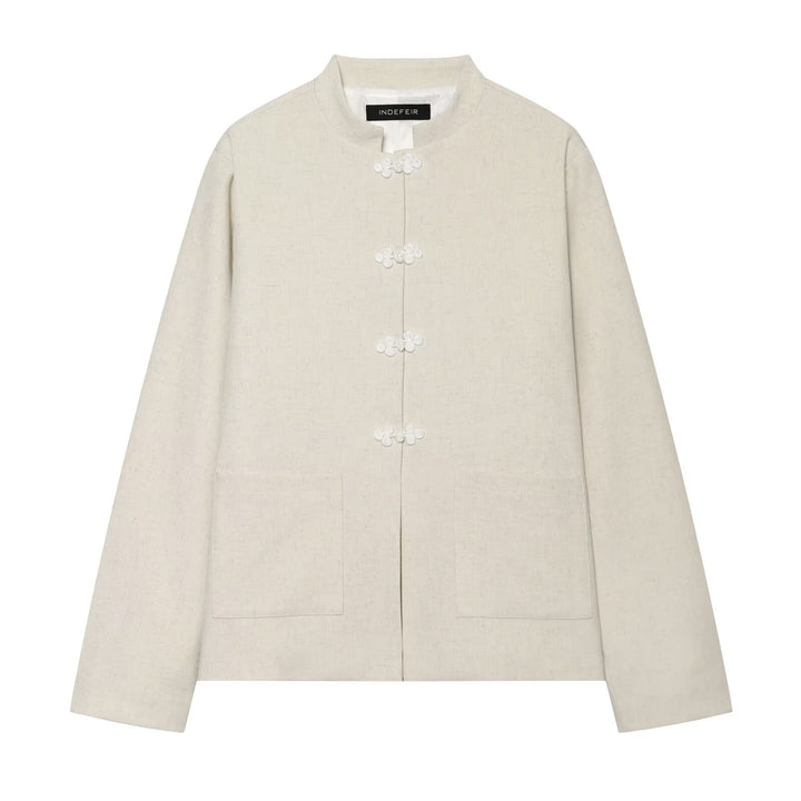 Damen Boxy-Cropped Leinenjacke mit Stehkragen und Froschverschlüssen Echo Archiv