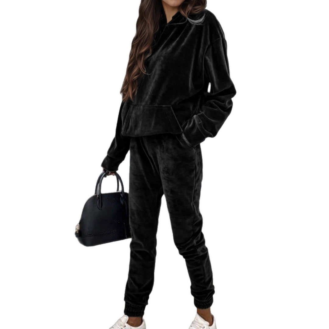 Damen Samt-Jogginganzug mit Kapuzenhoodie, Kängurutasche und elastischer Bündchenhose Echoarchiv