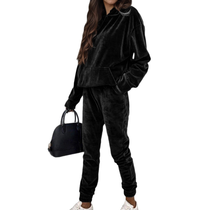 Damen Samt-Jogginganzug mit Kapuzenhoodie, Kängurutasche und elastischer Bündchenhose Echoarchiv