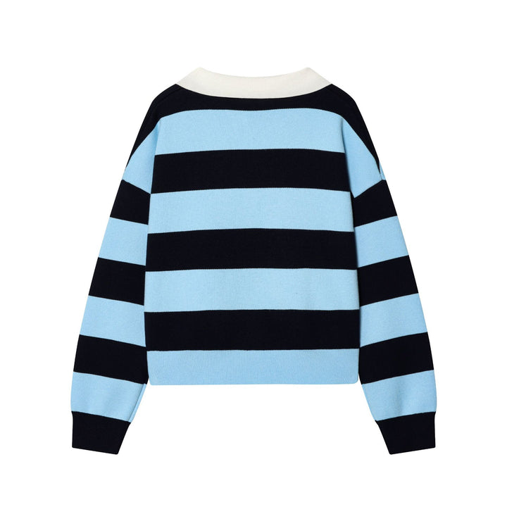 Damen nan gestreifter Rugby-Pullover mit Polokragen, V-Ausschnitt und kastiger Oversize-Silhouette Echo Archiv