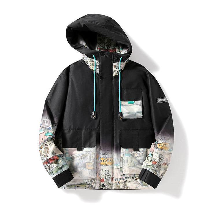 Unisex Kapuzenparka mit städtischem Fotoprint, transparenten Taschen und Kordelzug – Taviero