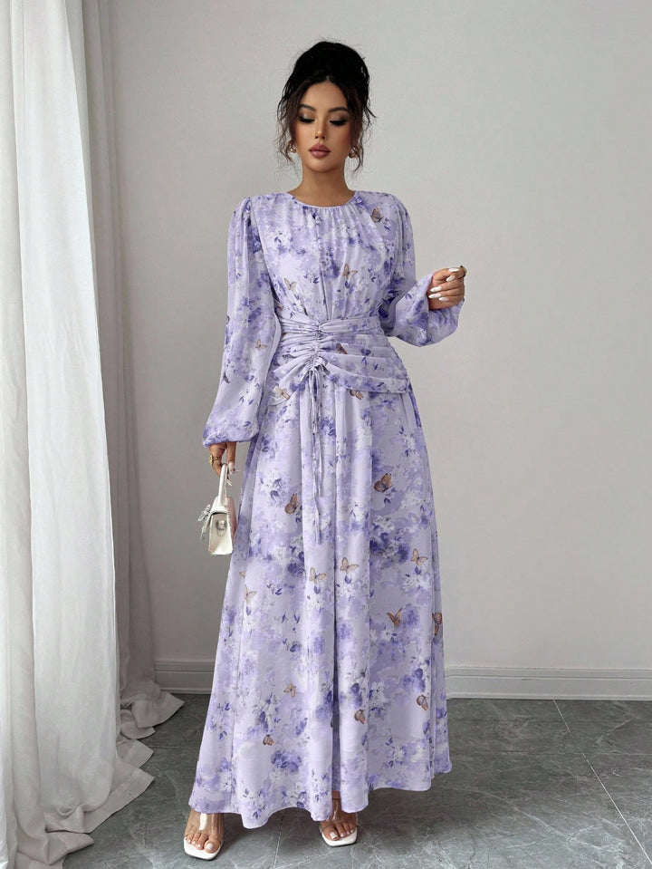 Damen Maxikleid mit floralem Schmetterlingsprint, geraffter Taillenpartie und langen Ballonärmeln Echo Archiv